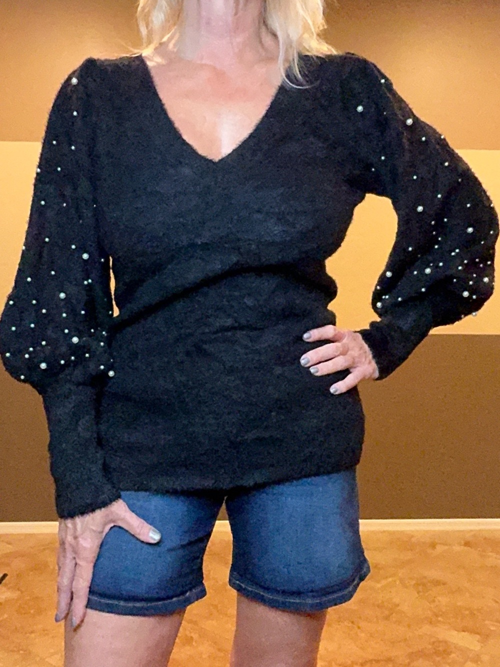 Venus Pearl Embellished Deep V-Neck Balloon Sleeve Knit Sweater Black L
